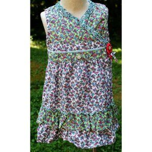Oilily Dress Girl 2T Green White Floral Wrap-Around Buttons Ruffles Tiers Calico
